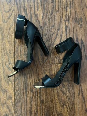 Topshop Black High-Heel Ankle-Strap Sandals with Metallic Toe Accent